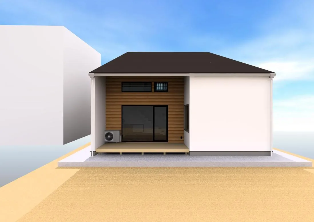 東側外観：お客様との打合せ途中、図面から作成した外観パース（打合せ資料から抜粋）