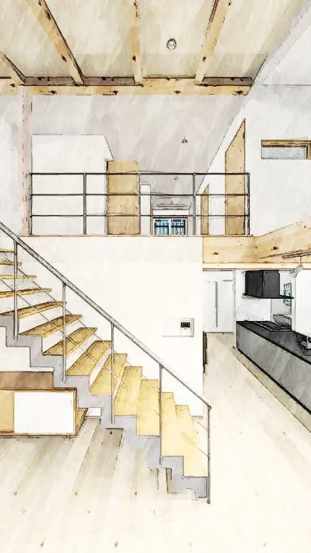 吹抜け：お客様との打合せ途中、図面から作成した内観パース（打合せ資料から抜粋）