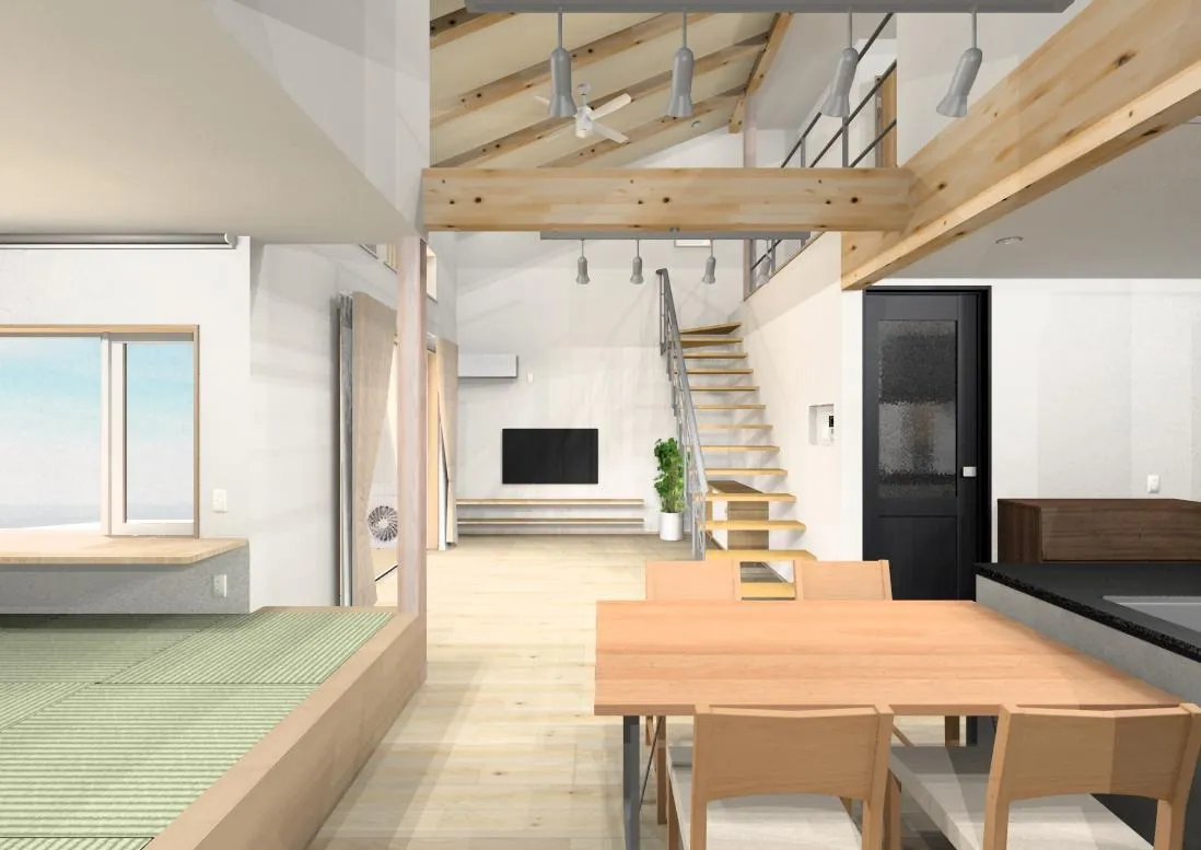 リビング・吹抜け：お客様との打合せ途中、図面から作成した内観パース（打合せ資料から抜粋）