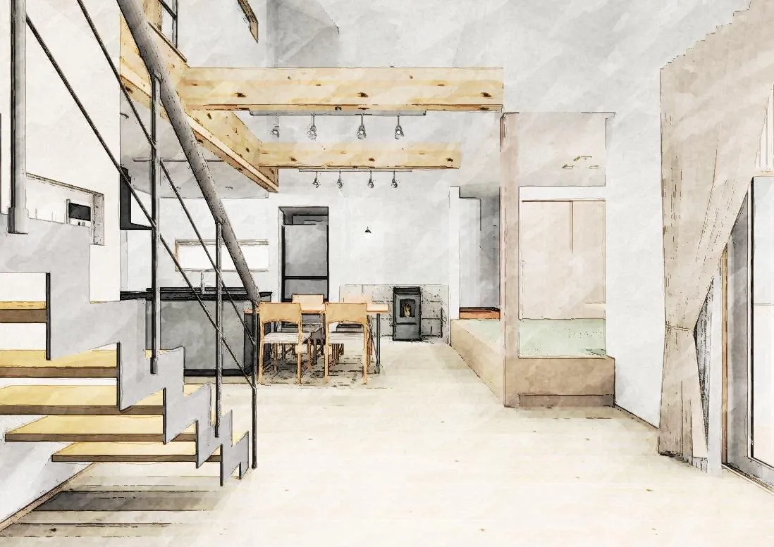 リビング・ダイニング：お客様との打合せ途中、図面から作成した内観パース（打合せ資料から抜粋）